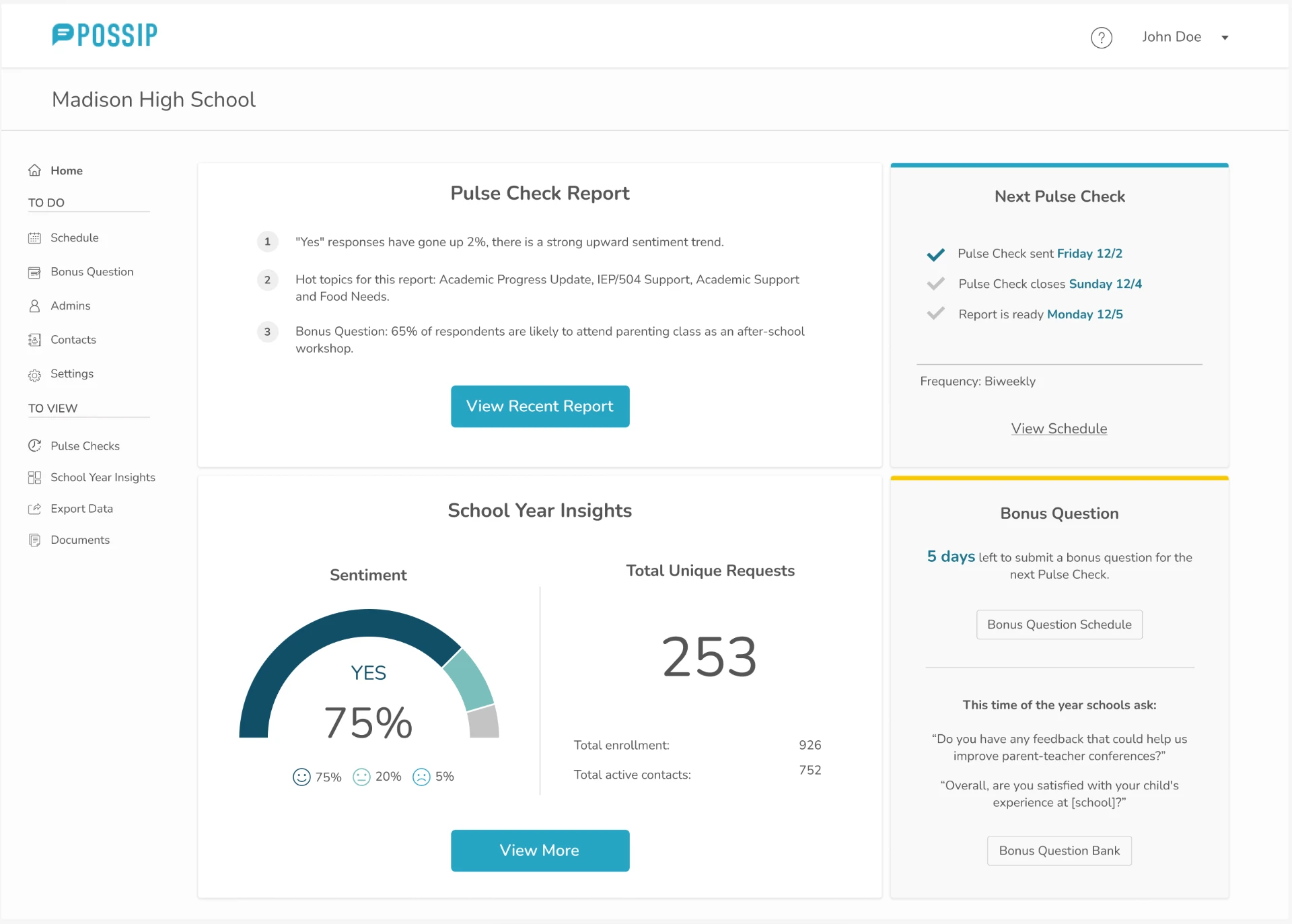 Redesigned Possip dashboard showing pulse check reports, sentiment, and next pulse check schedule
