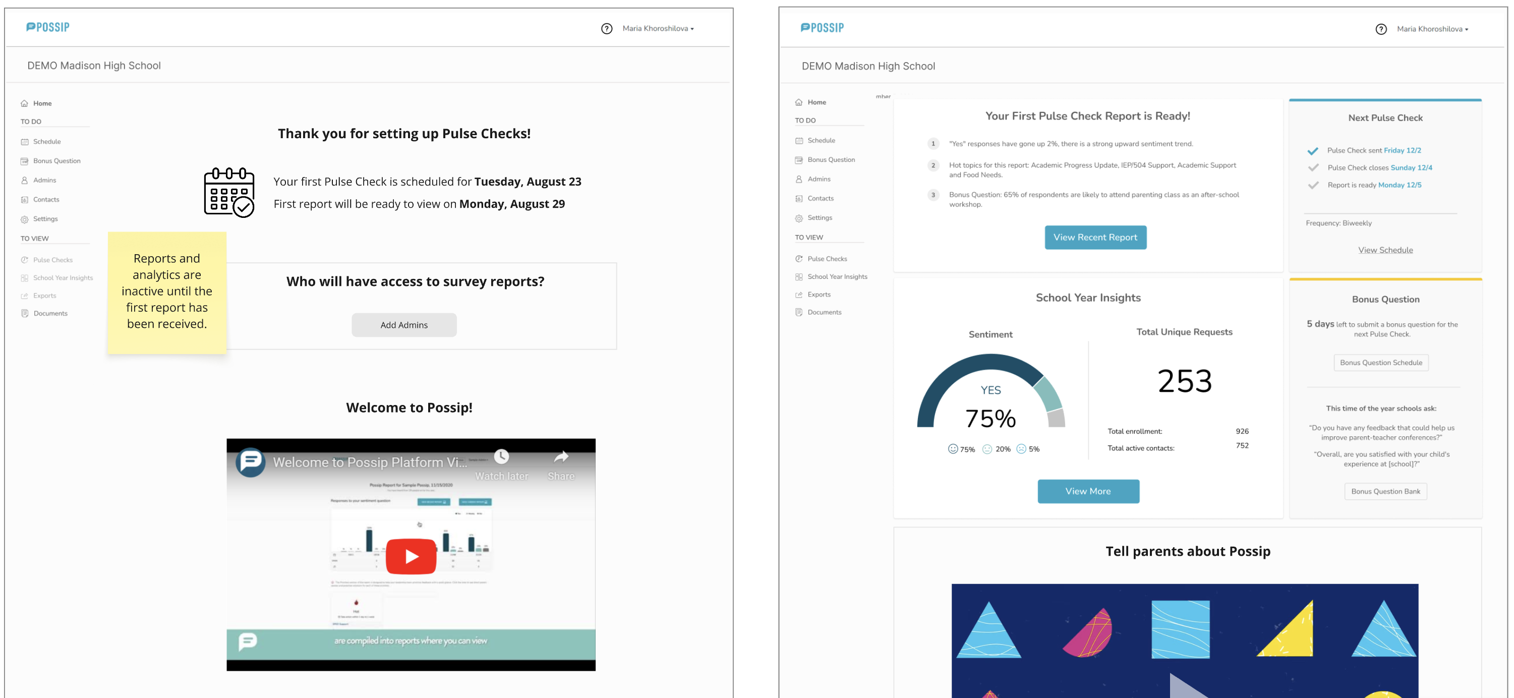 Possip onboarding design surfacing knowledge-library content while a new user waits for survey results