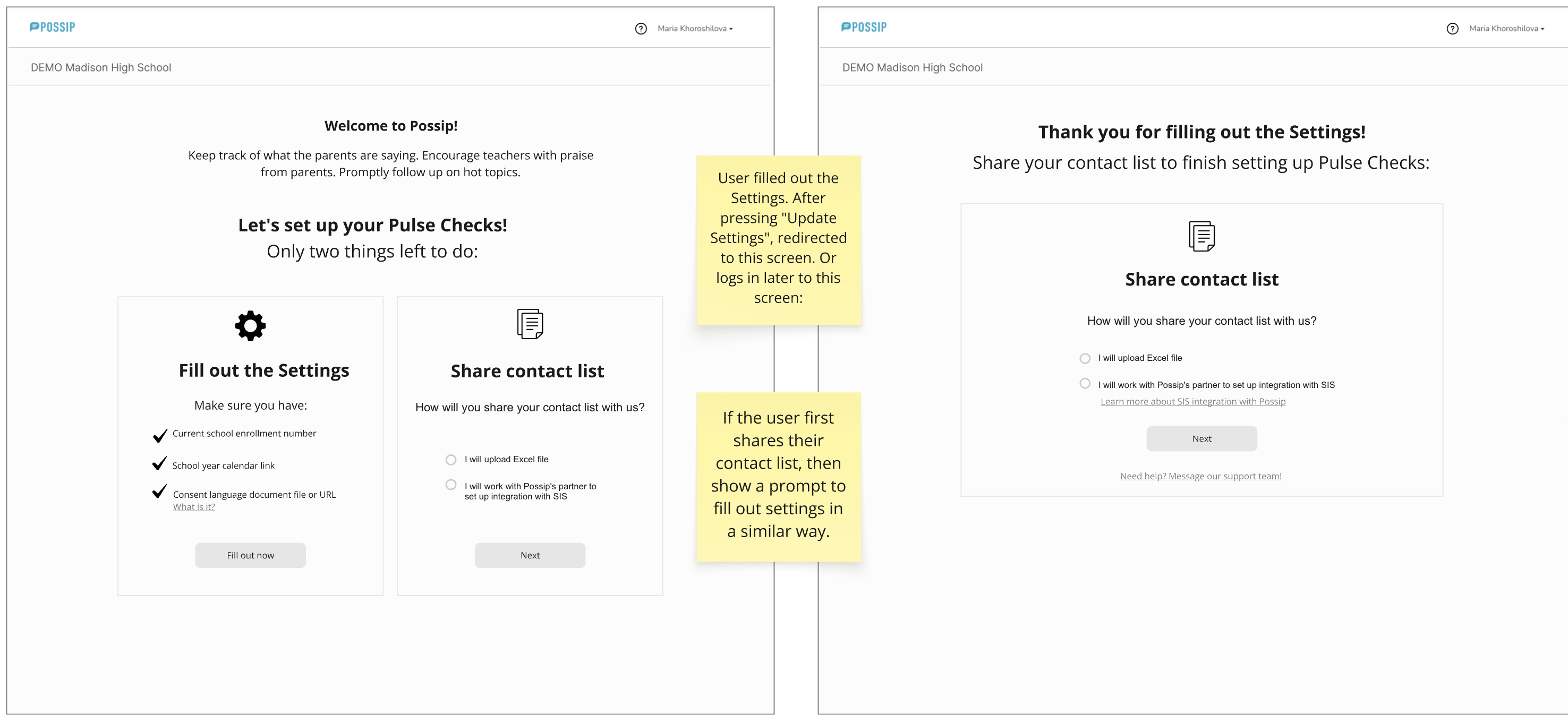 Possip empty-state design guiding a new user through the tasks needed to set up their first survey