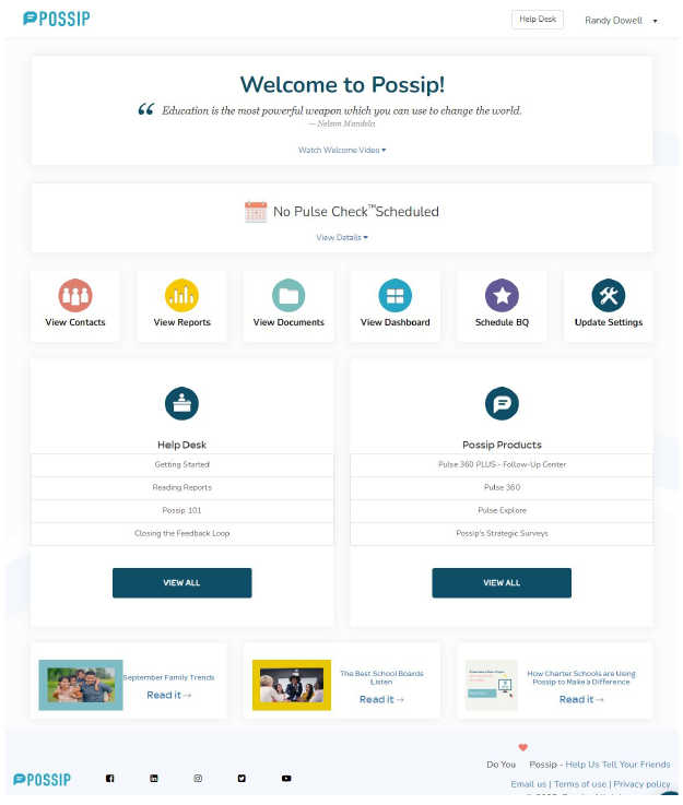Old Possip homepage: welcome message, quote, six shortcut tiles, help desk lists and article cards